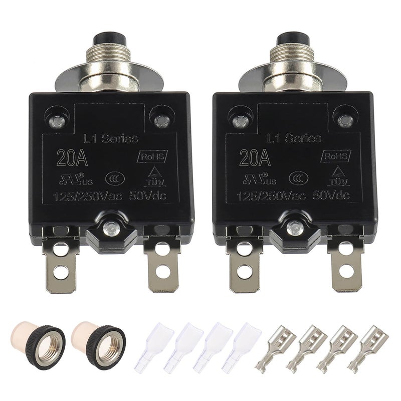 EPLZON 20A Manual Reset Push Button Circuit Breaker 125/250V AC 50V DC Thermal Overload Protector with Quick Connect Terminals and Waterproof Button Caps Assortment Kit(Pack of 2 pcs) - Image 1